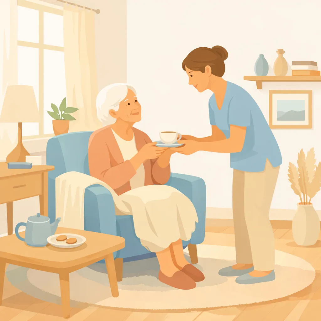 Omvårdare serverar te till äldre kvinna i hemmet