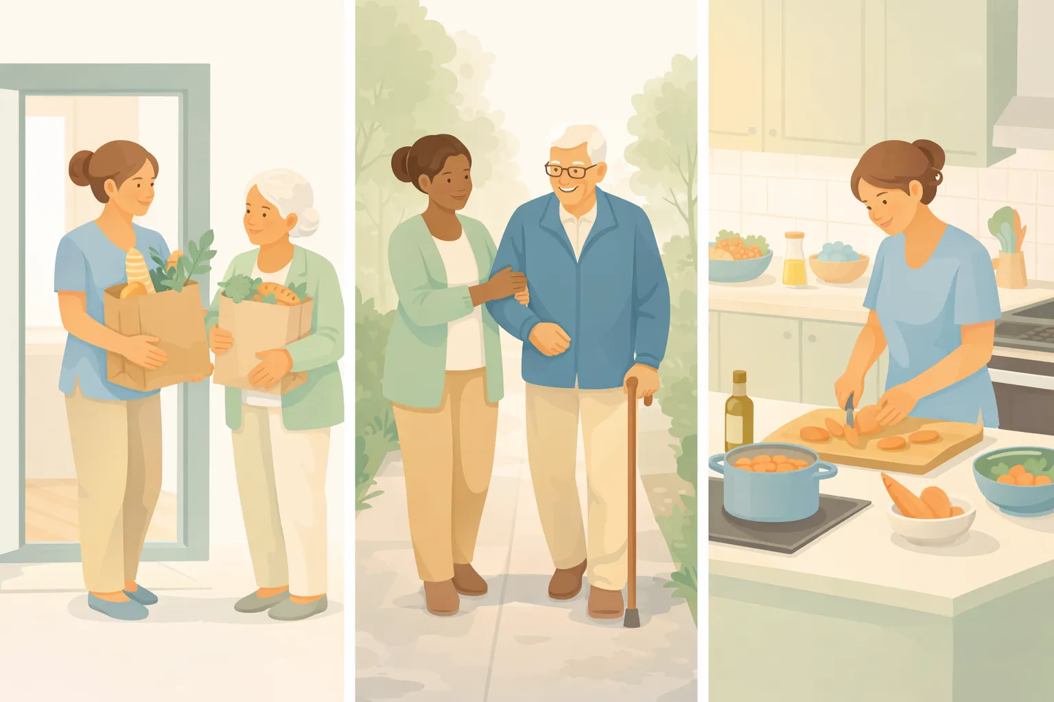 Omvårdare hjälper med inköp, promenad och matlagning