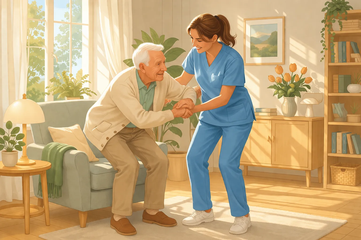 Vårdgivare assisterar patient