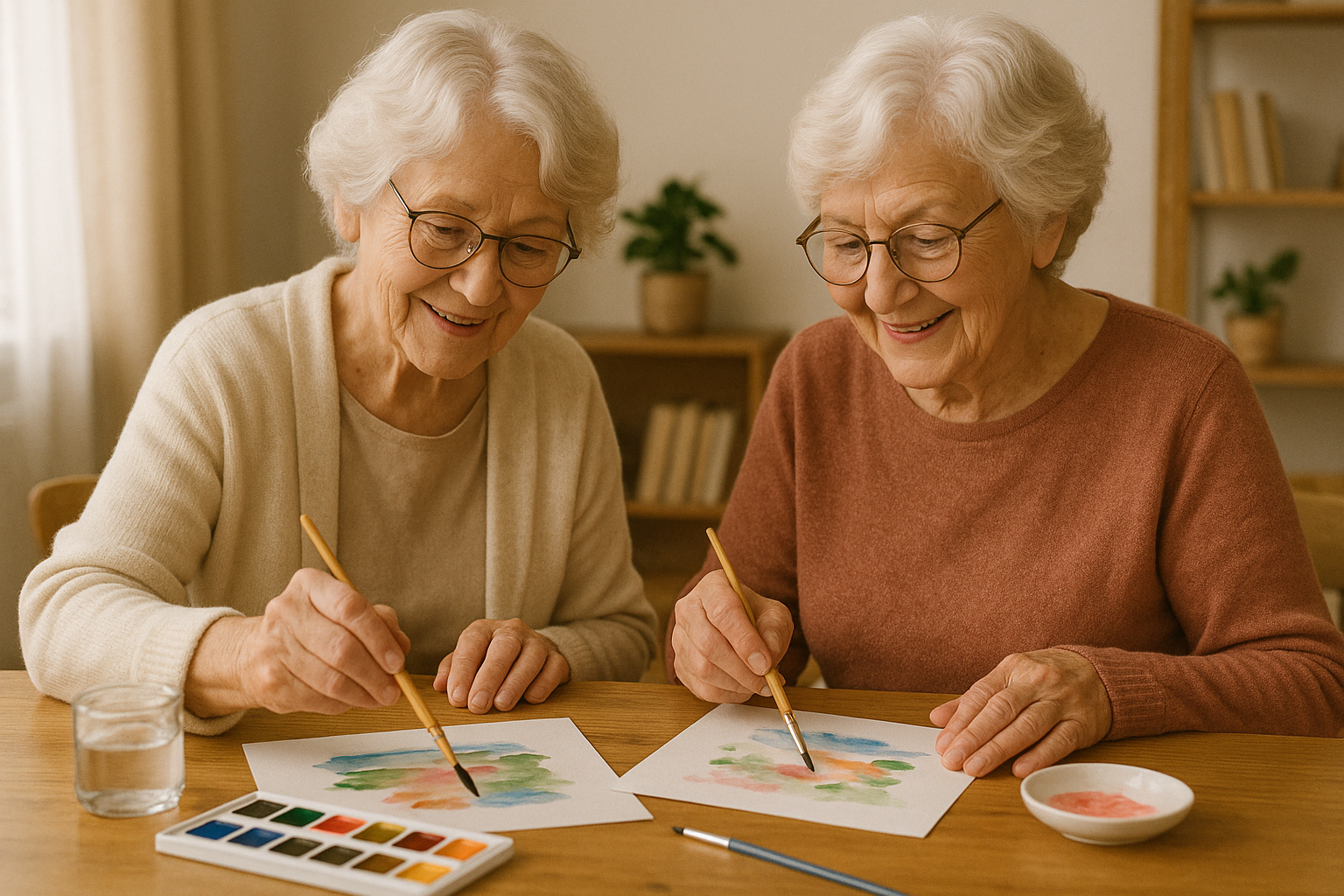 Två äldre damer som målar akvarell tillsammans