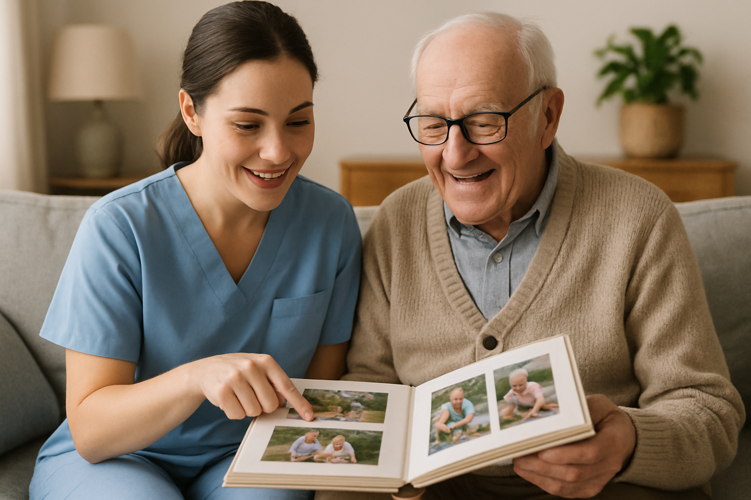 En vårdgivare och en äldre person som ser på ett fotoalbum tillsammans