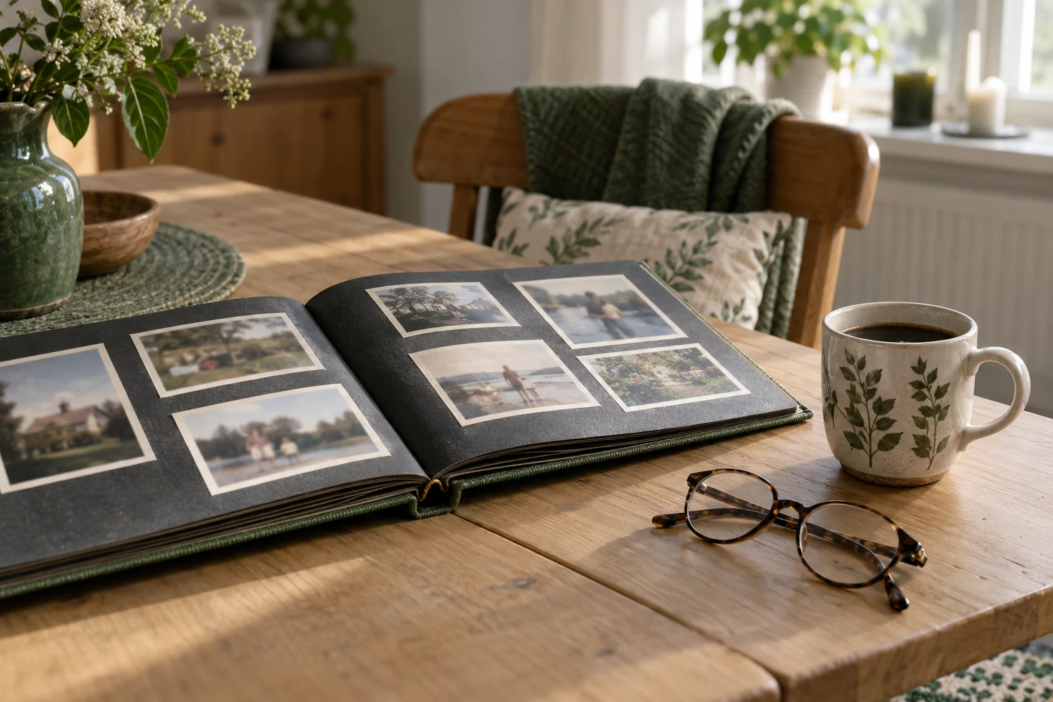 AI-genererad konceptbild: ett öppet fotoalbum, glasögon och en kaffekopp på ett träbord i ett hem.